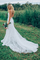 Elegant Mermaid Sweetheart Lace Ivory Wedding Dresses with train
